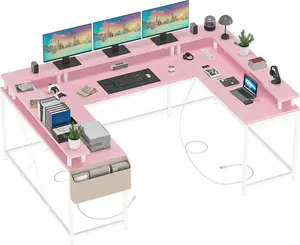 Flash sale home items U Shaped Desk, 126 Inch Gaming Desk with Monitor Stand and LED Lights, Reversible Shaped Large Computer Desk with Power Outlets, Office Desk with Storage Bag and Hooks, Pink