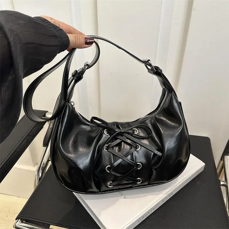 Women's Bow Lace-Up PU Leather Slouchy Dumpling Hobo - Casual Trendy Purses, Cute Coquette Aesthetic Crossbody Messenger Bag, Adjustable Strap Shoulder Bag for Women, High-Capacity for Casual, Athletic Use