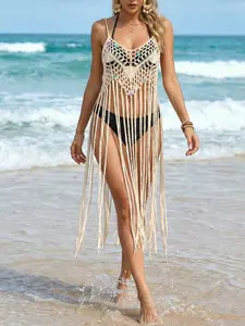 Women's Bohemian Fringe Sequin Halter Beach Cover-Up, Hollow Out Transparent Design, Bikini Outer Top for Vacation, Crochet Swimsuit Cover, Oym6z958