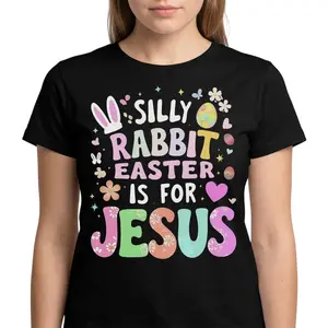 Women's Easter T Shirt with Silly Rabbit Easter Is for Jesus Print Featuring Bunnies and Crosses Breathable Black Short Sleeve Round Neck Loose Fit Church Outfit for Spring Events and Holiday Gift