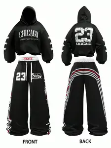 Men's Sports Set, Chicago 23 Print Hoodie + Side Stripe Casual Pants, Comfortable Daily Wear, Fashion Streetwear, Hip Hop Style
