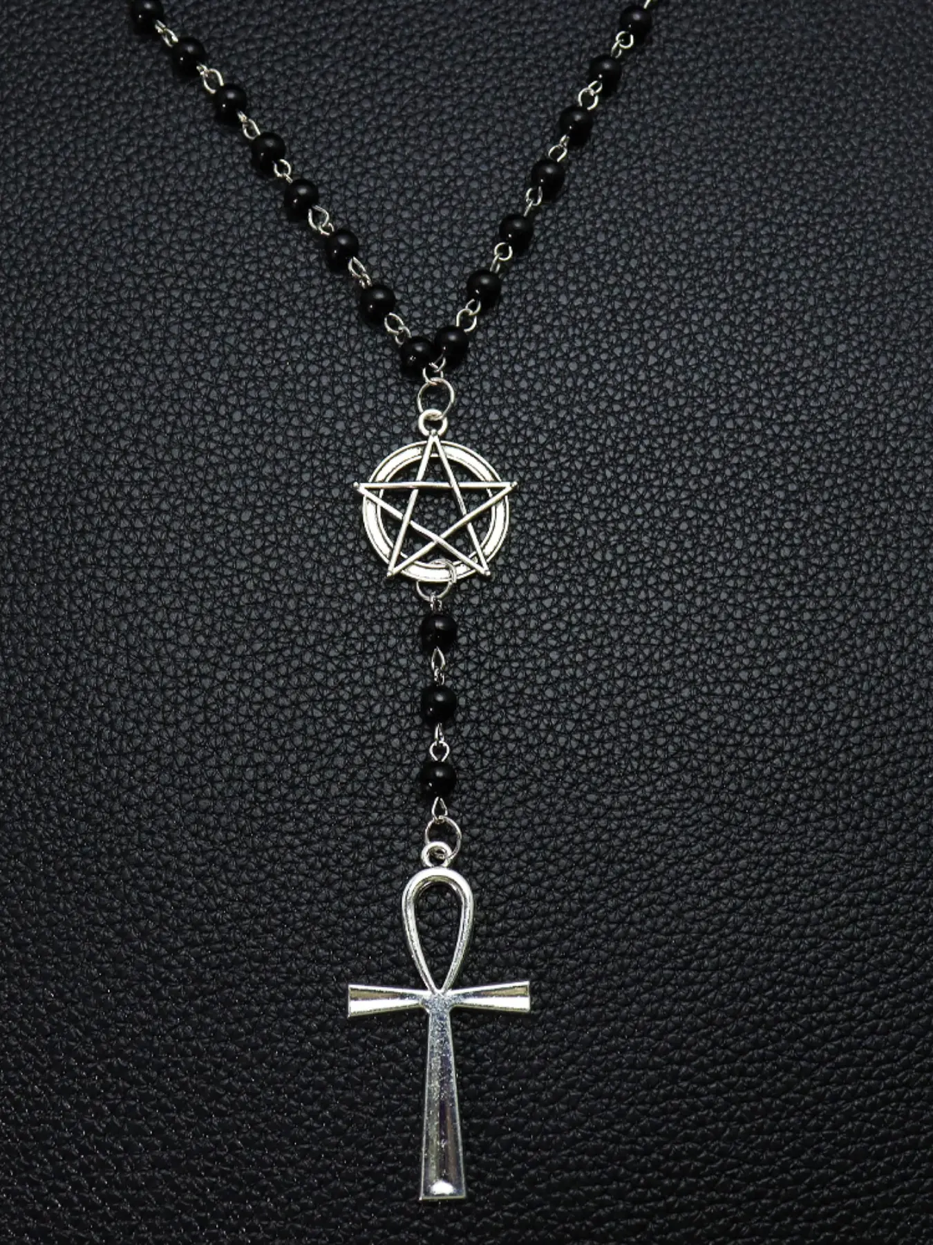 Gothic Pentagram Ankh Beaded Necklaces Black beaded chain with crow skull pendant. Ideal for goth girls, witchy aesthetic & alternative fashion. Edgy occult layering jewelry, stand out with dark vibe Gothic Mystery Jewelry Accessory Beaded Chain