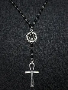 Gothic Pentagram Ankh NecklaceBlack beaded chain with crow skull pendant. Ideal for goth girls, witchy aesthetic & alternative fashion. Edgy occult layering jewelry, stand out with dark vibe Gothic Mystery Jewelry