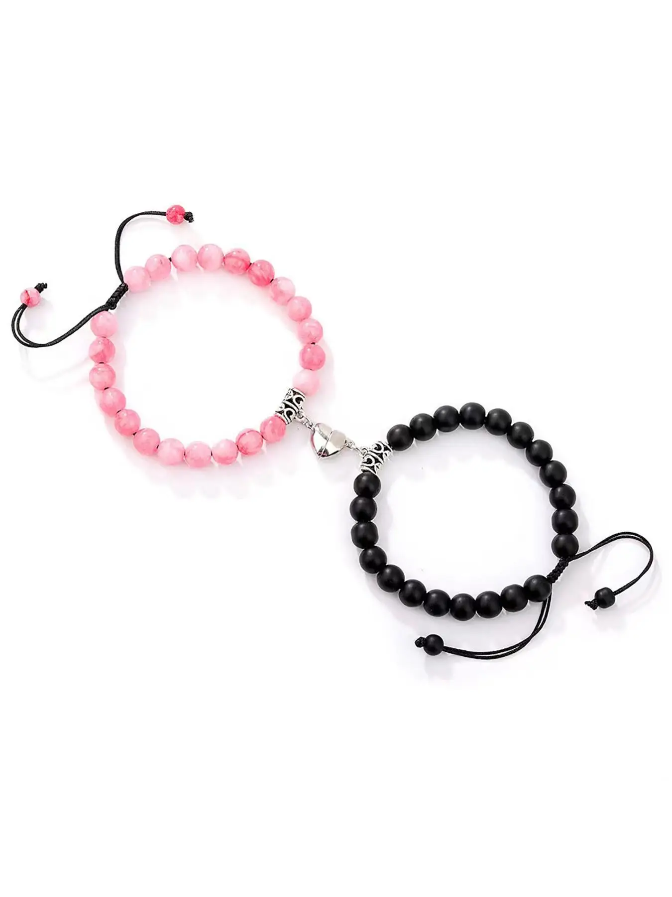 Magnetic Couple Bracelets Set - Heart Natural Stone Beads Adjustable Woven Bracelet for Him and Her, Valentine's Gift, Matching Love