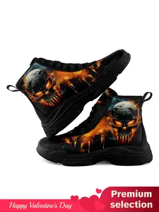 Men's Fashionable Skull & Fire Print Lace Up High Top Sneakers, Casual Comfortable Breathable Waterproof Sports Shoes, Male All-match Round Toe Running Shoes for Daily Wear