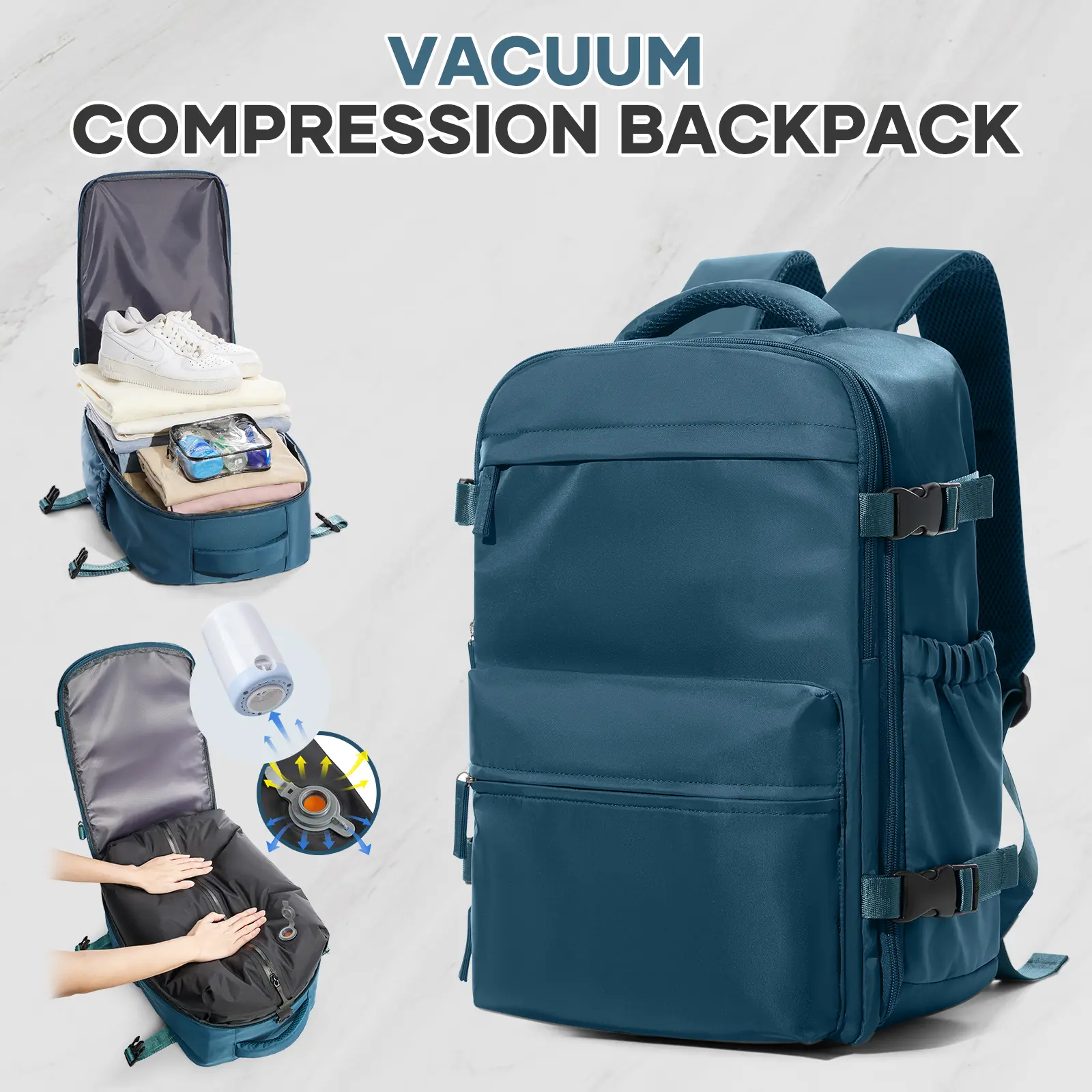 Vacuum compression sealed travel backpack with pump, unisex, meets TSA carry-on size restrictions for air travel, portable travel backpack with vacuum system, black/green/gray-brown