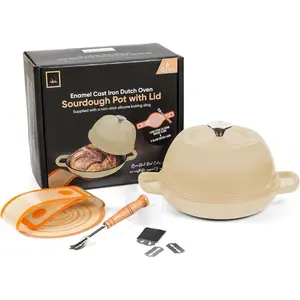 Enameled Cast Iron Dutch Oven Pot with Lid - Dutch Oven for Sourdough Bread Baking - With 5  Bread Lame & Non-Stick  Sling  for Sourdough Breads & . Cast Iton Enamel Braiser Pan with Lid (WHITE, 6 Quart Sourdough Pot)