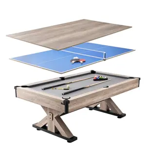 Billiards Table Combo Set, 7ft 3-in-1 Multi Game Table with Dining, Pool, and Tennis Table, Includes Full Set of Accessories, Wood Color with Grey Cloth, Perfect for Family Game Room Kids Adults