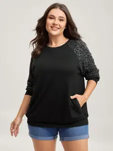 【 Statement Sleeve】 Bloomchic Leopard Print Spliced Pockets Sweatshirt Black Fit Long Sleeve Womenswear Basic Tops cardigans oversized sweater for women sueter para mujeres cardigan