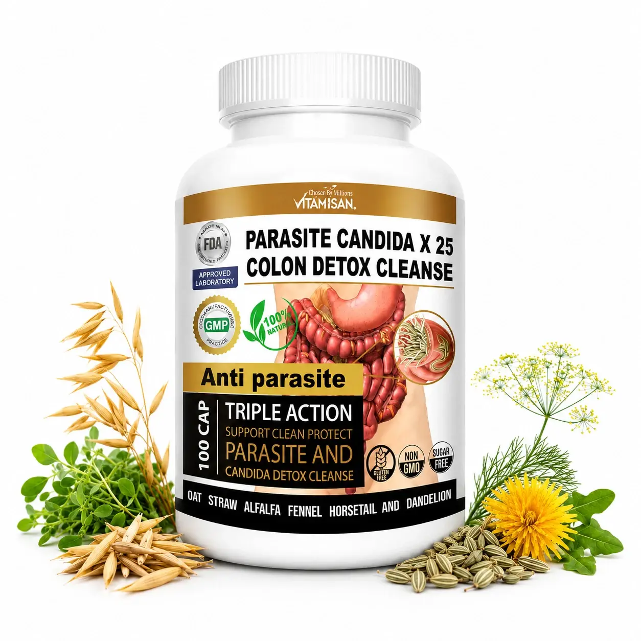 Para-site Candida X25 Colon Detox Cleanse Natural Herbal Supplement 100 Capsules