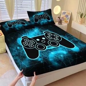 Neon Game Controller Printed Fitted Sheet Set, Include One Bedspread and Two Pillowcases, Gamer Cool Blue Geometric Esports Mattress Cover, Boys Teens Men Bedroom Bedcap Decor, Multiple Patterns Available