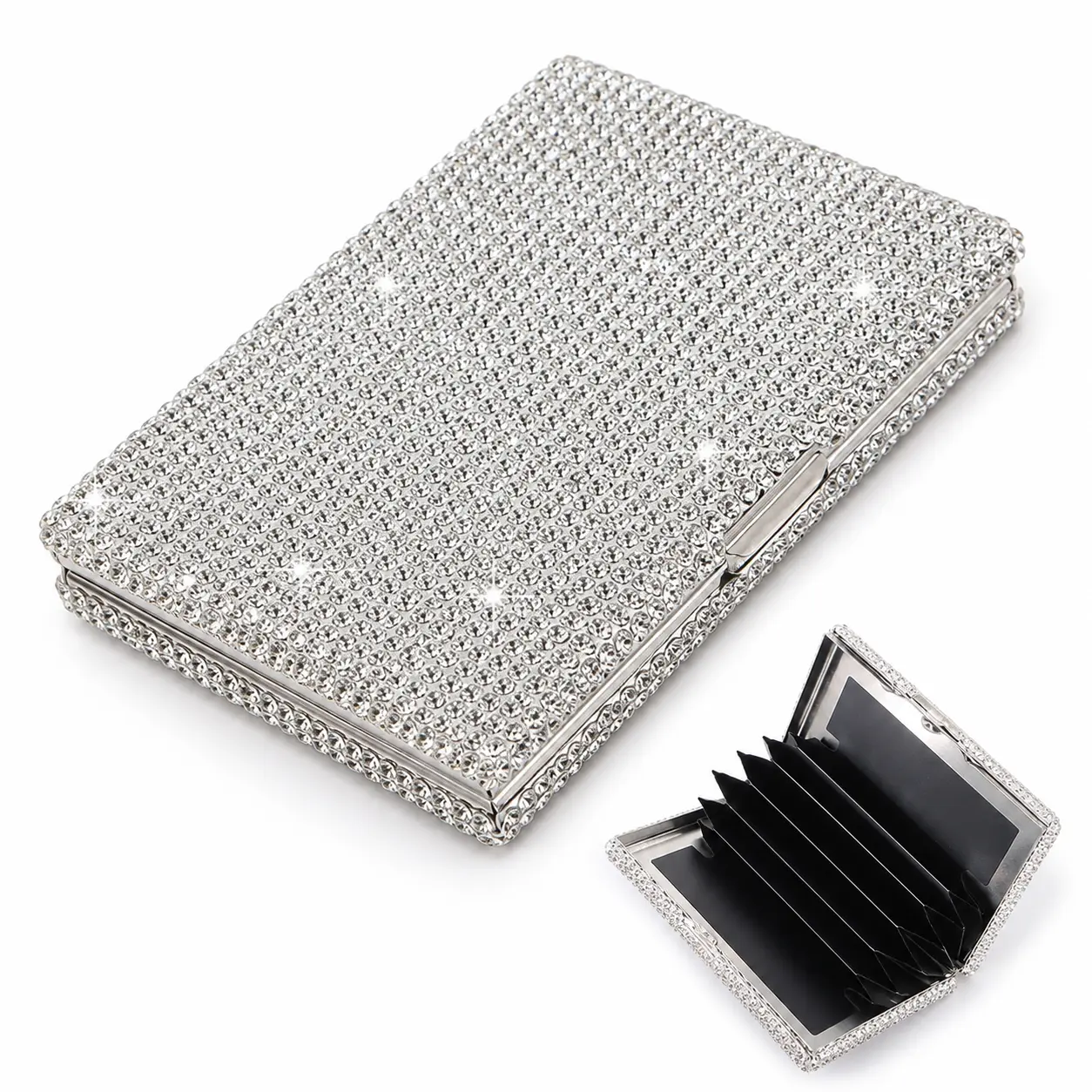 Silver Rhinestone Card Holder for Women, Slim Aluminum Accordion Card Wallet for Credit Cards, ID, Driver’s License, Insurance & Gift Cards, Sparkly Car Organizer Case