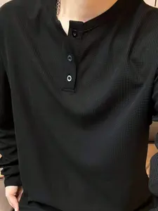 Men's Solid Color Long Sleeve Half Button V-Neck T-Shirt with Waffle Design Simple and Relaxed Street Style Stretch Hem for Spring and Autumn