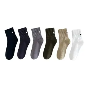 Embroidered Mid-Calf Cotton Socks – Korean Style | Black, Gray, White, Khaki (EU 38–44)