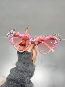 Ladies Heart-shaped Cat Eye Frame - Shiny Pink Polycarbonate Metal Hinge, Decorative Party and Formal Occasion Accessories, Inaid with Rhinestones