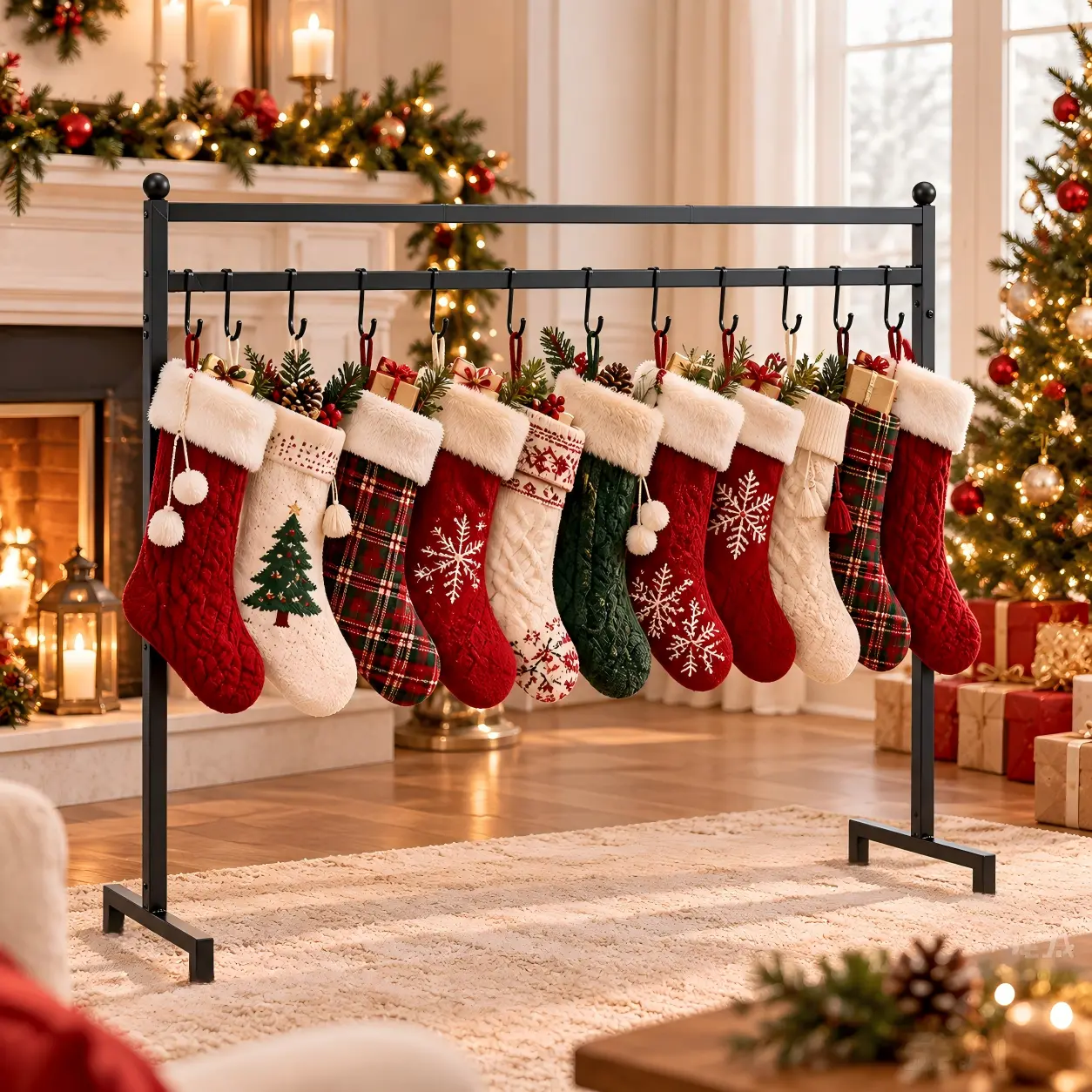 Christmas Stocking Holder Stand with 12 Hooks, Freestanding Metal Rack