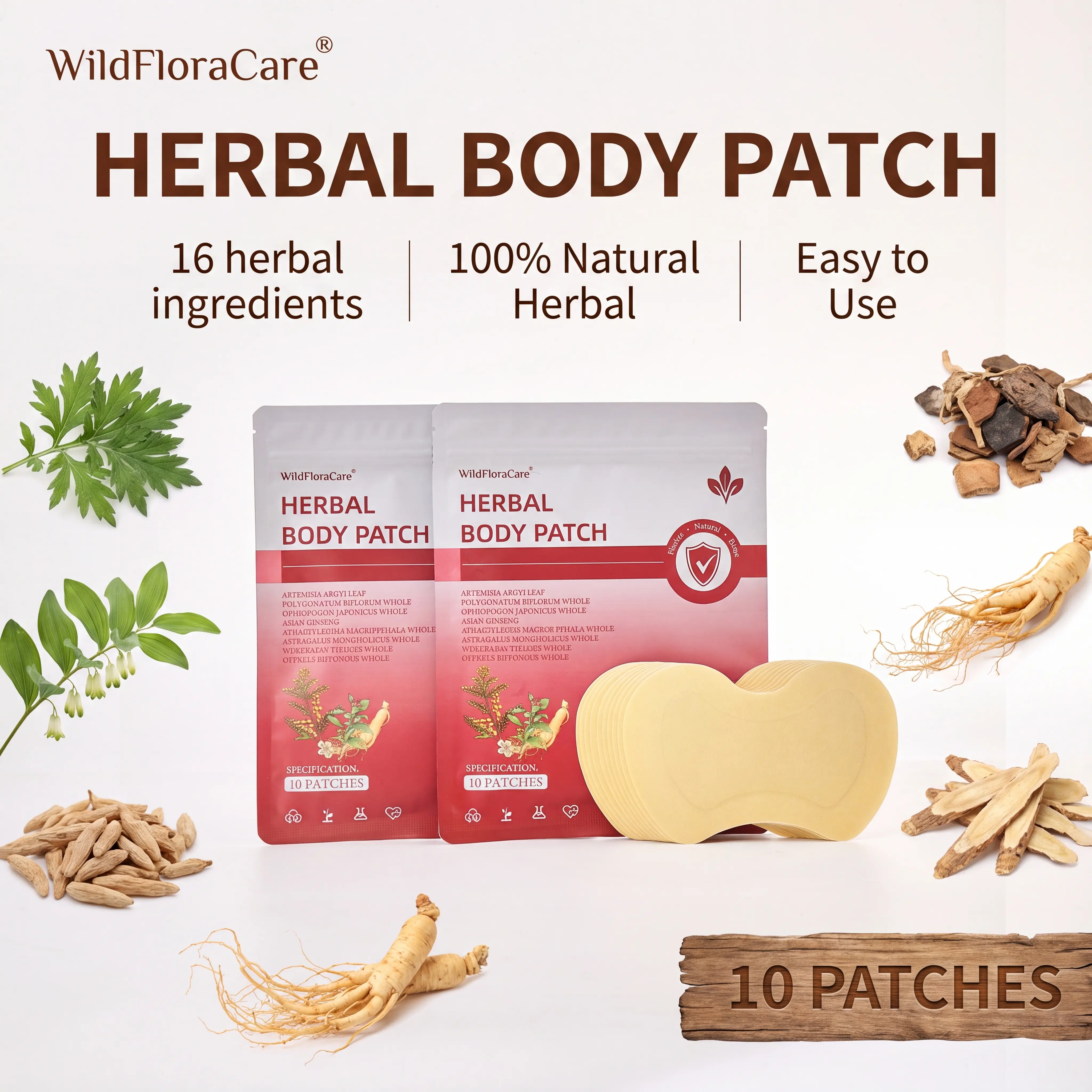 WildFloraCare Daily Body Healing Herbal Heat Patches, 10 Disposable Pcs/Box, Infused with 15 Chinese Herbs, Skin-Friendly Adhesive, Easy to Apply & Remove, Beauty Products
