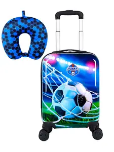 2Pcs Kids Soccer Luggage Set - Hard Shell Carry On Suitcase with Spinner Wheels + U-Shaped Neck Pillow, Cool Football Goal Print Travel Trolley for Boys