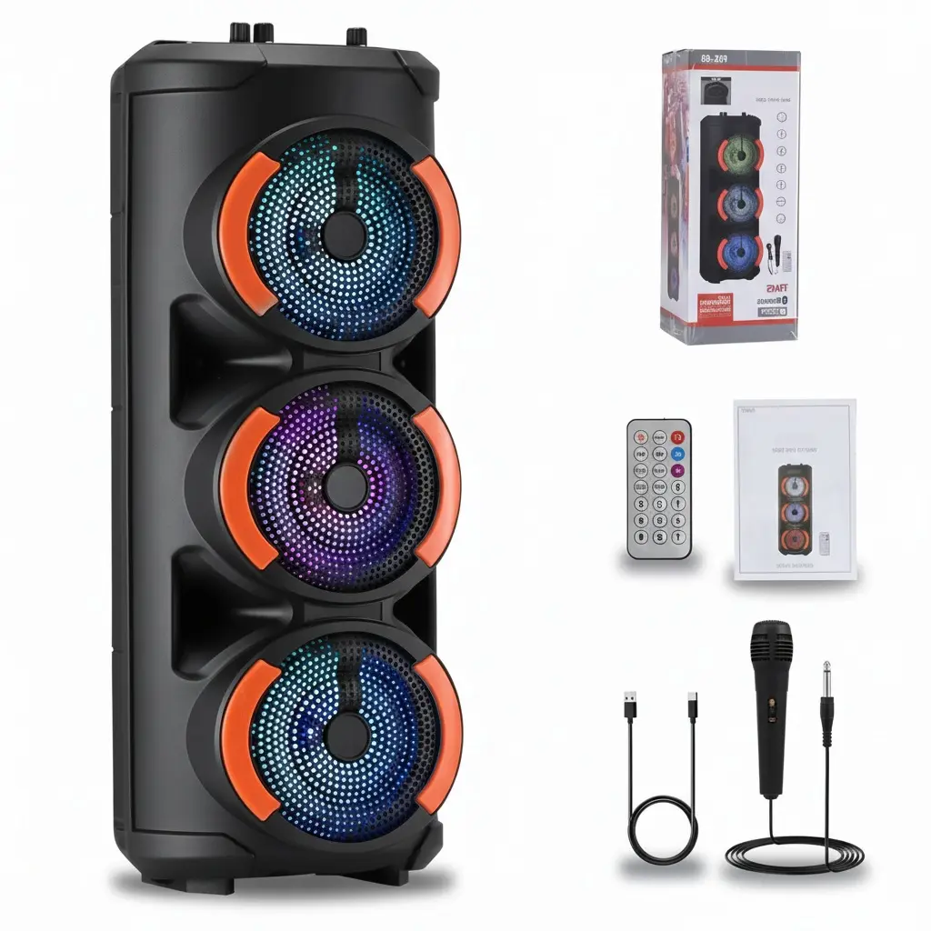 Portable Loud Bluetooth Party Speaker - Wireless Stereo Speaker with 3x6.5" Subwoofer, Karaoke Mic, FM Radio, MP3 Player, Durable Charging Audio, Remote, Cable for Home & Outdoor Use