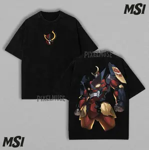Gurren Lagann Tengen Toppa Mecha Graphic Tee Vintage Washed Streetwear Shirt Unisex Cotton Apparel Featuring Horned Spiral Robot, Red Lion Shield, and Heaven-Piercing Drill Legacy