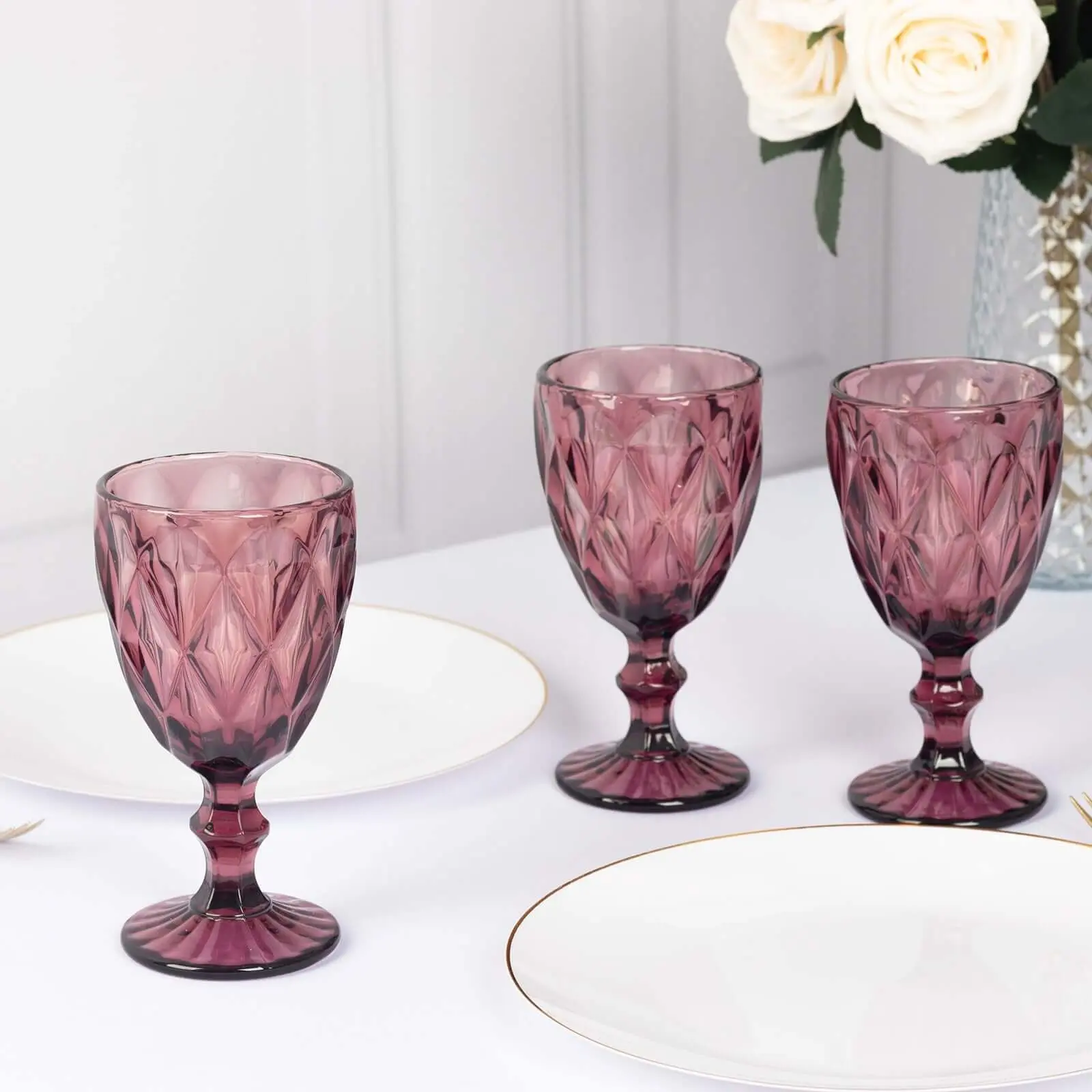 6-Pack 12oz Crystal Cut Stemmed Wine Glasses - Dusty Rose Embossed Crystal Glassware, Colored Cups, Party Pieces, Drinkware Set, 7" for Cocktails, Colored Glass Cups