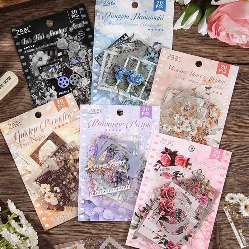120pcs Set of Transparent Waterproof PET Material Stickers for Photo Frames with Hot Silvery Laser Flashing Flowers, Cut Book Diary Hand Account Decoration DIY Material Stickers, 20pcs per Pack, 6pcs in Total