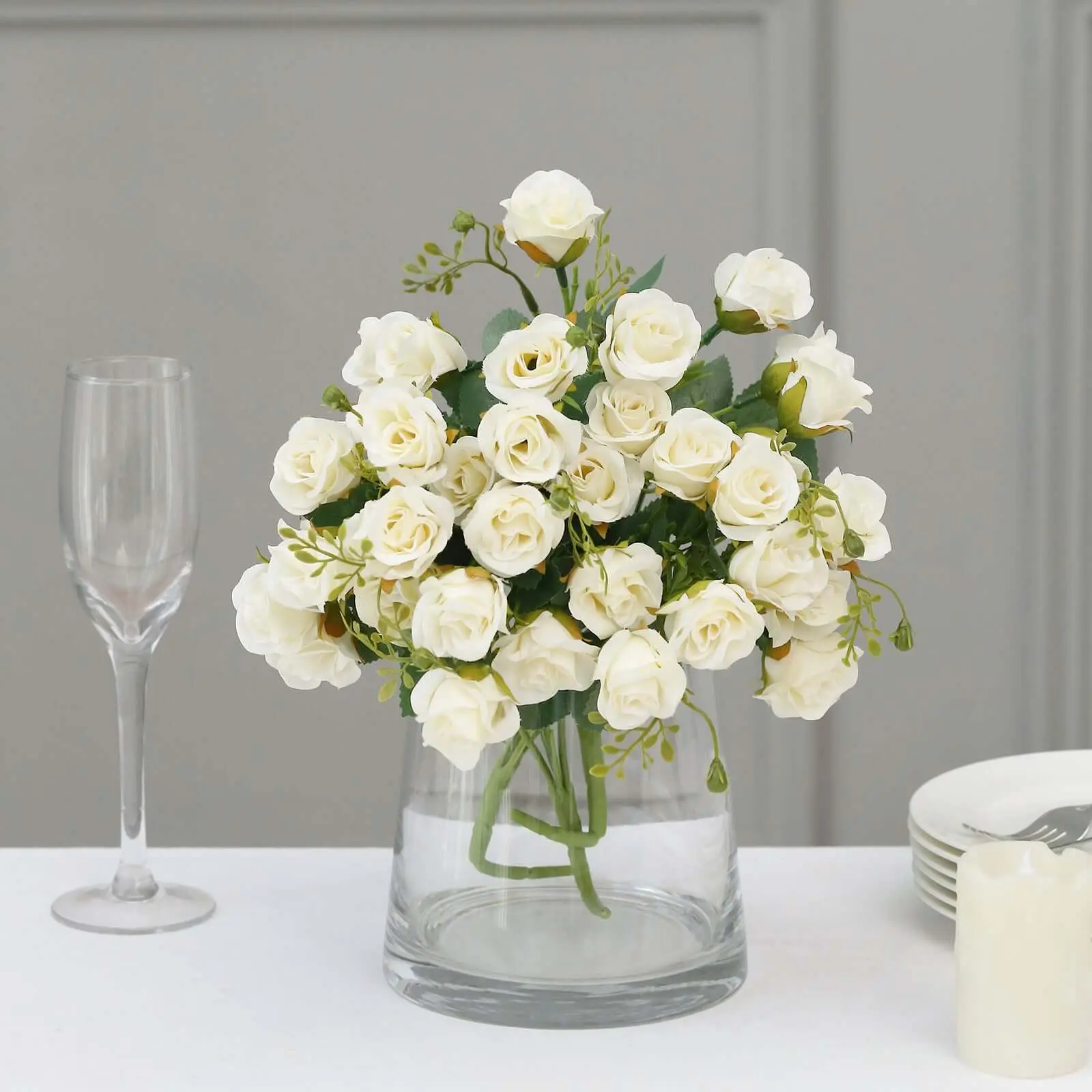 Artificial Ivory Open Rose Bouquets - 2-Pack 12" Small Indoor Decorative Floral Arrangements for Home Supplies, Home Decor