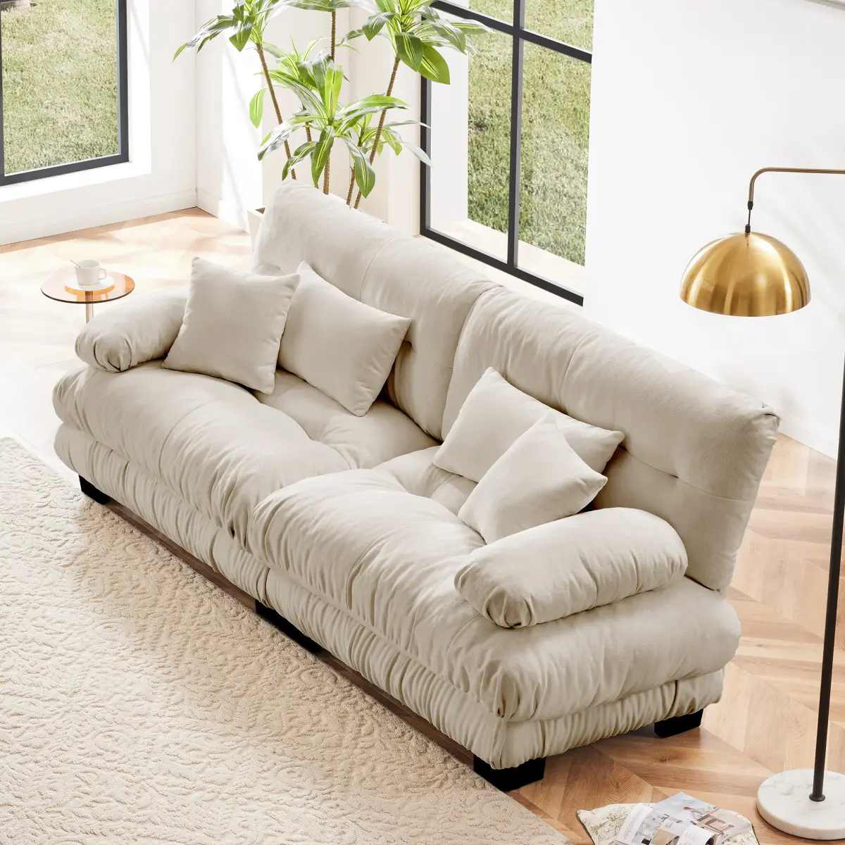 Modular Sectional Sofa, Cozy Comfy Loveseat - 2-Seater Oversized Deep Seat Upholstered Chenille Couch with Chenille Fabric, Cloud Support, 4 Pillows and Round Armrests for Living Room