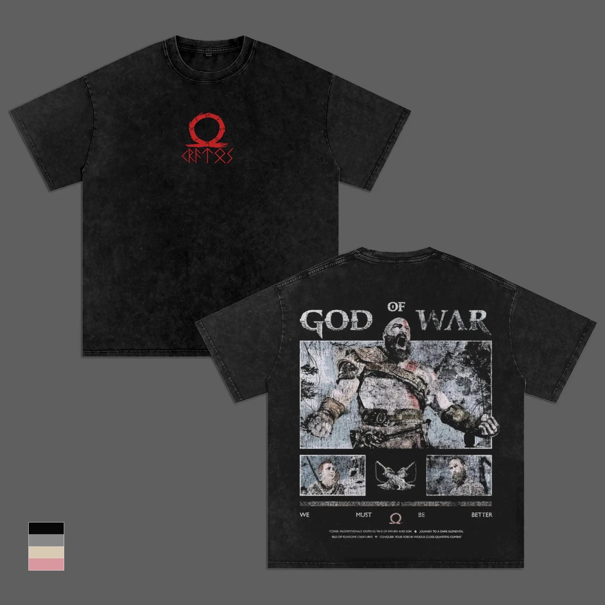 God of War Ragnarök Vintage Washed T-Shirt, Kratos Ghost of Sparta Graphic Tee, Oversized Heavyweight Cotton Norse Warrior Streetwear Shirt, Mythology Gamer Action Adventure Apparel, Collector Fan Gift Merch