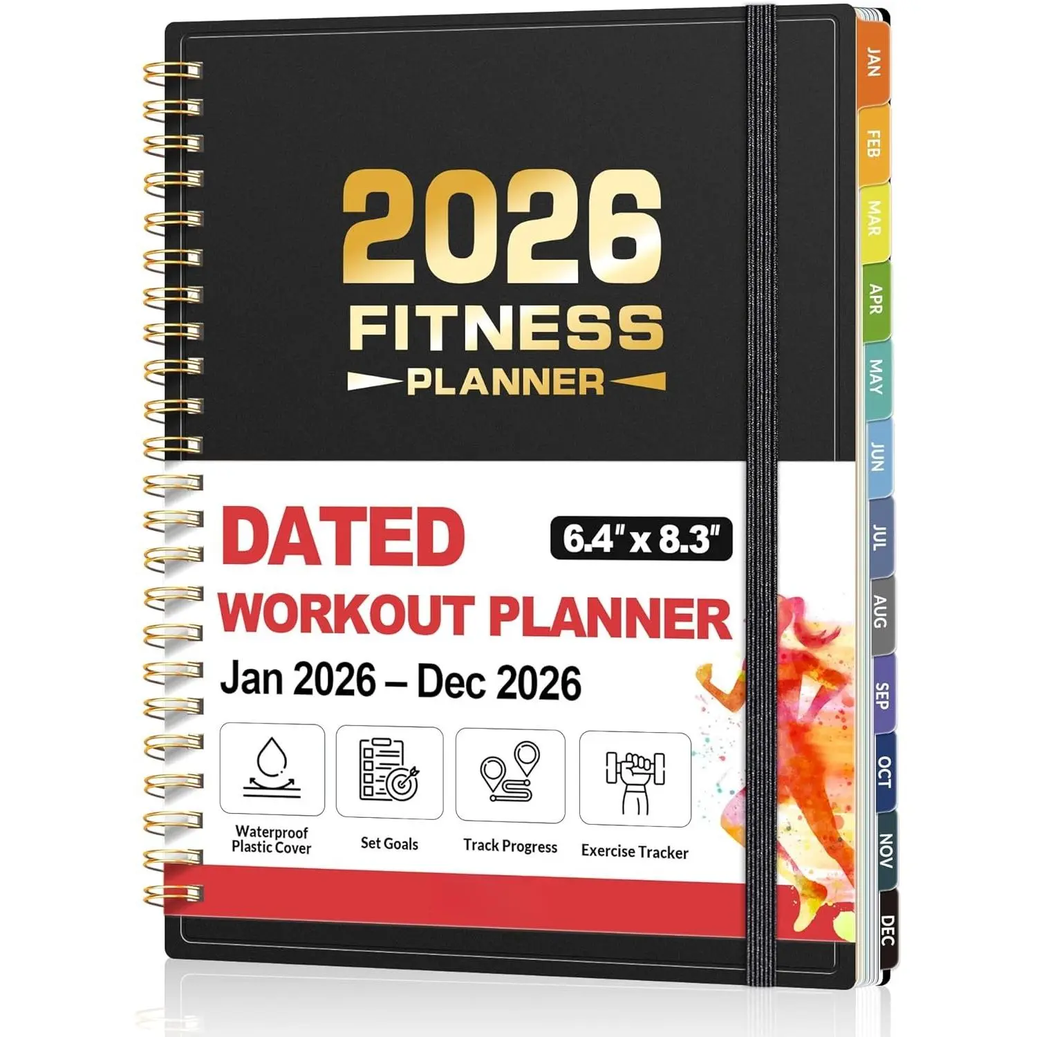 2026 Fitness Workout Journal Planner for Women & Men, JAN 2026 - DEC 2026 Exercise Planner, 6.4" x 8.3" Workout Calendar Journal Essentials Gift for Goals, Tracking, Gifts with PVC Plastic Cover,Black