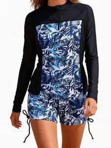 Women's Three-Piece Long Sleeve Zipper Swimsuit Sports Bra Set, Xl Size, Comfortable and Stylish Swimwear for Everyday Use