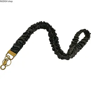 Women's Black Satin Scrunchie Lanyard Accessory - Antique Gold Hardware, Hands-Free Wrist-Neck Strap, Wrinkle-Resistant Luxe Carry for Smartphone, Cellphone, Keys, IDs, Sports & Outdoor Use