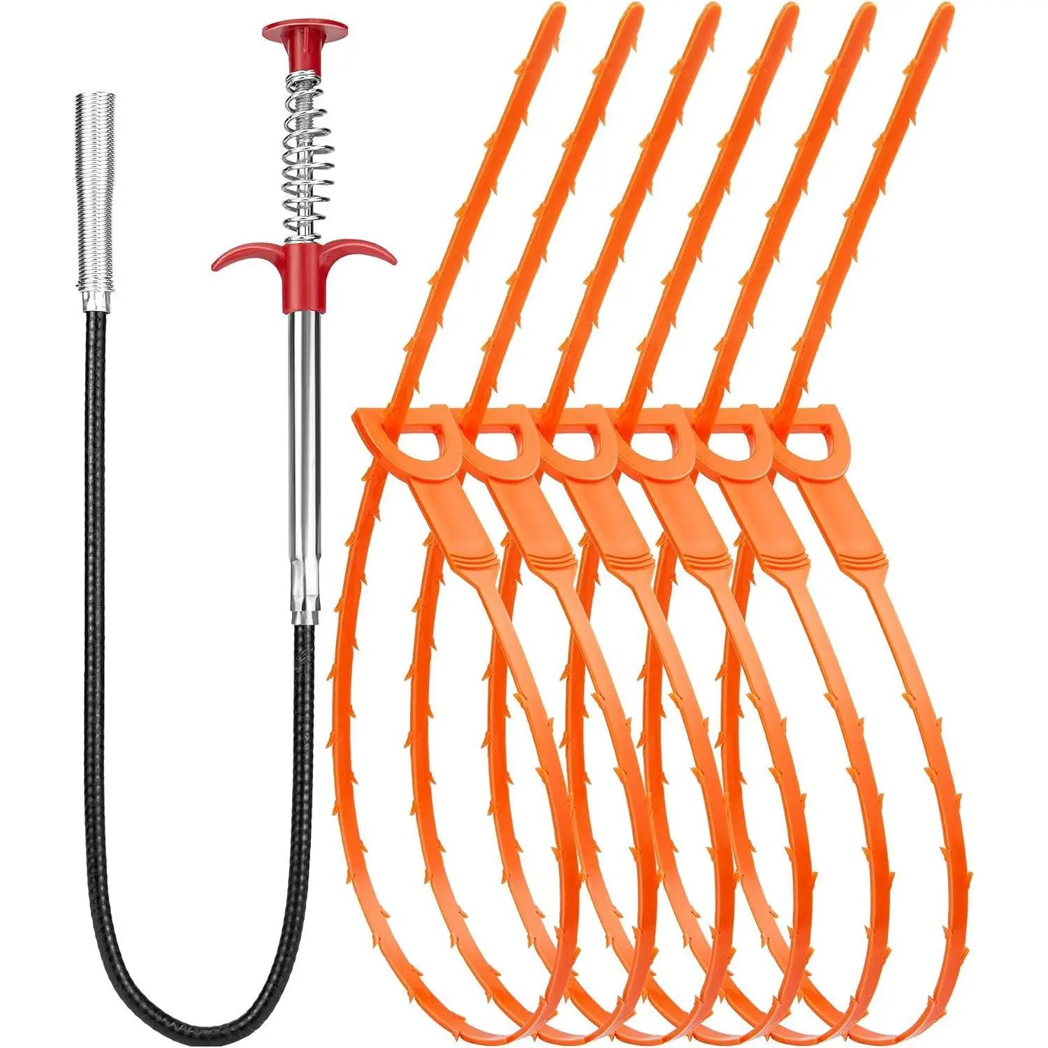 7-Pack 25-in Drain Cleaning Tools Set - 6 Plastic Hair Clog Remover Tools, 1 Stainless Steel Drain Cleaner Stick for Bathroom Sinks, Kitchen Use, 25 Inch Length