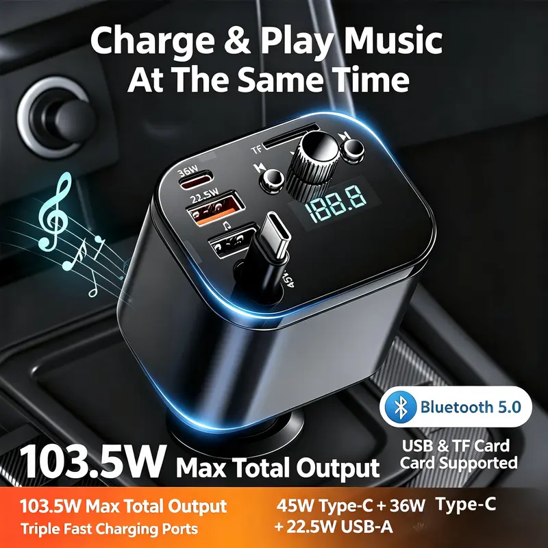 HEXIBII Bluetooth Car FM Transmitter - Auto Accessories Bluetooth Car Adapter, BT Charger-Type C Fast Charge, Retractable Cables Adapter, Wireless Hands-Free Audio Player with Safety Functions, Compatible with Automotive & Motorcycle Devices