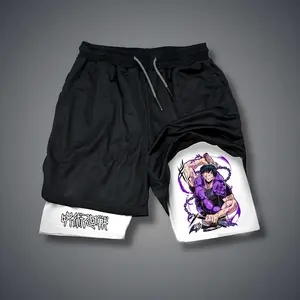 Jujutsu Kaisen Anime 80s 90s Double-Layer Sports Shorts Graphic Shorts Black Camo Streetwear Shorts Men Outfits Men Vacation Outfits Shorts
