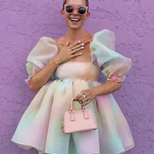 Eugen yarn printed retro bubble sleeve princess dress is in stock .