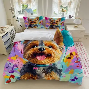 3pcs YorkshireTerrier dog balloons music notes colorful multicolored vibrant bright splashed bedding set (1*Duvet Cover + 2*Pillowcase, Without Core)+Soft comfortable and breathable Suitable for bedroom guest room hotel dormitory rooms