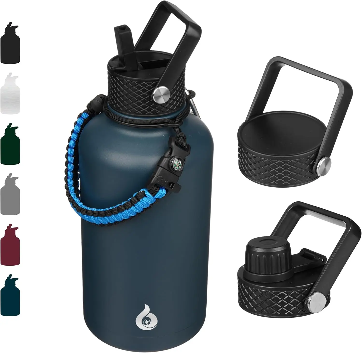 Half Gallon Insulated Water Bottles with Straw Lid, 64oz Large Water Jug, Stainless Steel Bottles with 3 Lids and Paracord Handle, Thermo for Hot & Cold Liquid, Navy Blue Gift