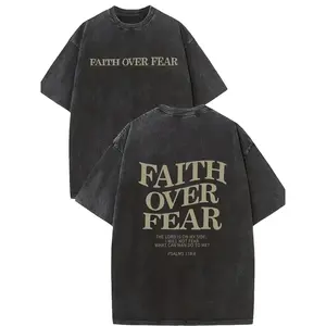 Men'S Faith Over Fear Graphic Tee - Relaxed Fit, Casual, Knitted, Summer Round Neck, Retro Style, Printed, , Loose Fit, Perfect For Summer Wear