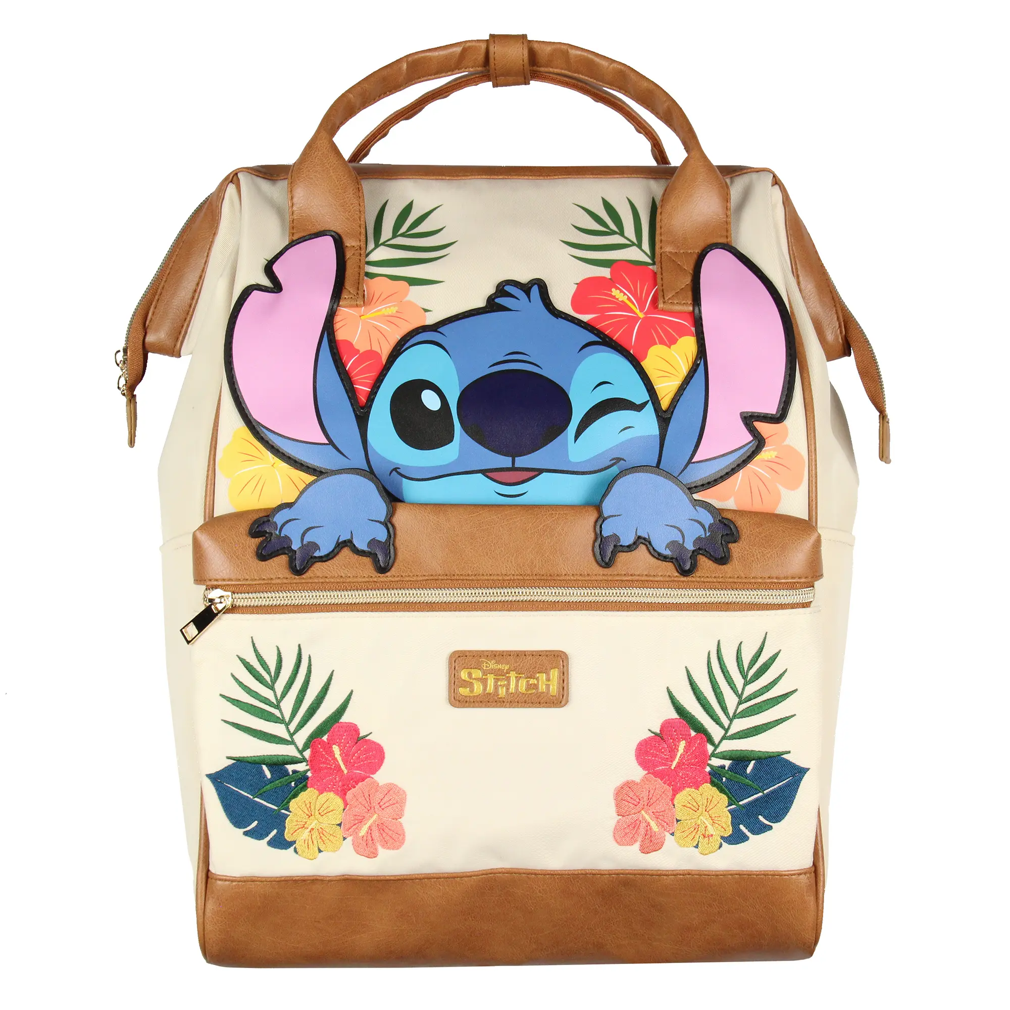 Disney Lilo and Stitch 3D Stitch Wink Backpack, 3D Character Embroidered, Floral Design Faux Leather Travel Tote Bag, Cartoon Print Graphic Cute One Size Functional Luggage Bag