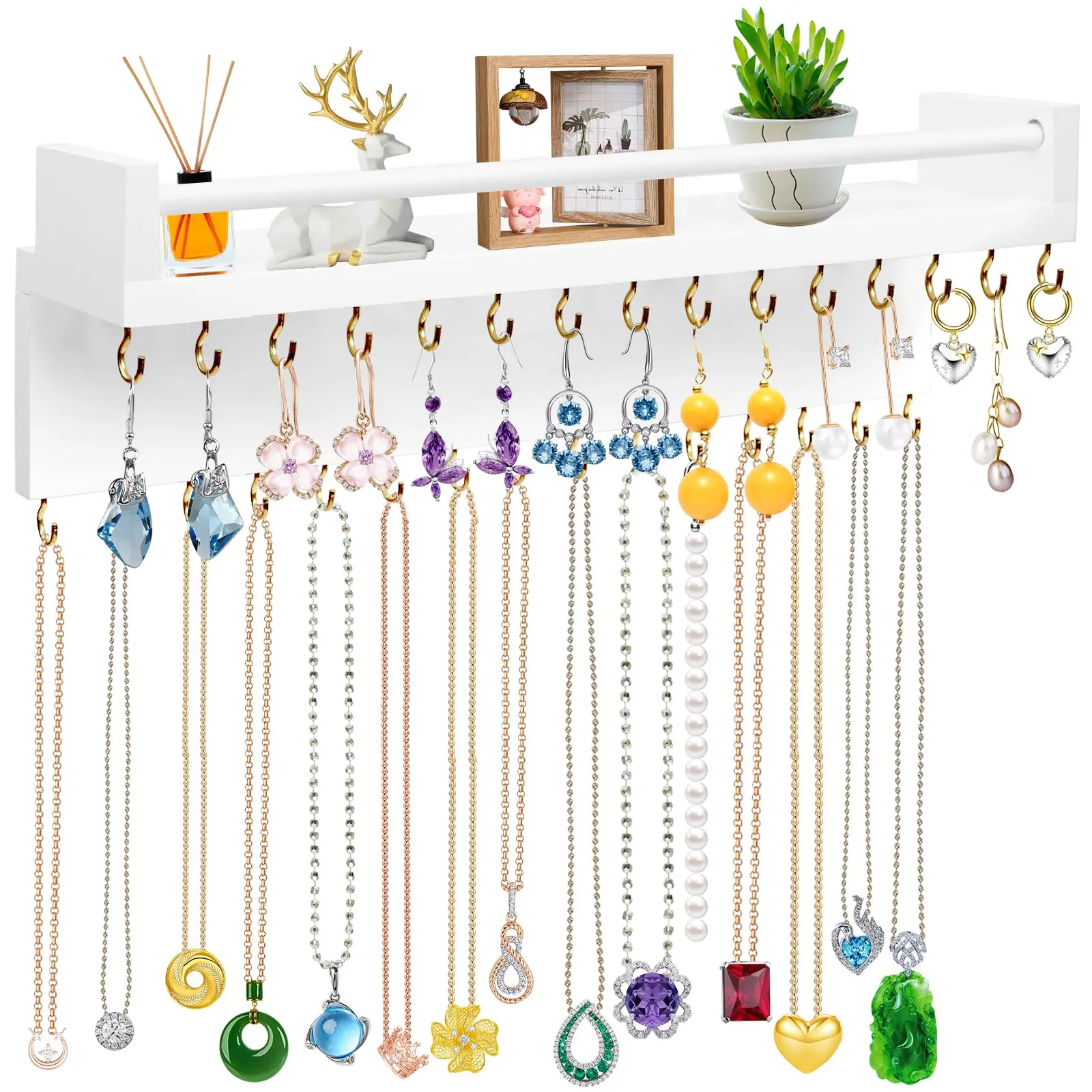 Hanging Jewelry Organizer, Wall Mounted Necklace Holder Organizer with 30 Hooks & Cosmetics Shelf, Jewelry Holder Organizer Wall for Necklaces Bracelet Earrings Ring