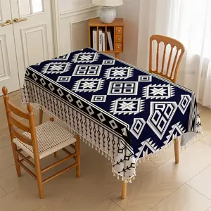 1pc Tablecloth, Bohemian Style Printed Luxury Tassel Tablecloth, Rectangular Dining Table Cover, Navy Tribal Ethnic Pattern Table Mat, Suitable for Restaurant / Party / Outdoor Decoration, 2D Flat Printing