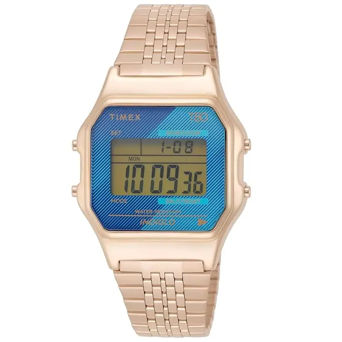 Timex T80 34mm Digital Rose Gold-Tone Unisex Watch TW2V19600, Vintage, Square Face, Classic Vintage Wrist Watches, 24H Chronograph