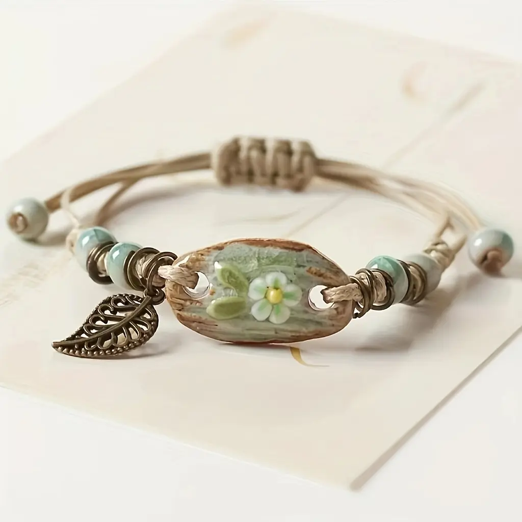 1pc Vintage Leaf Pendant Braided Beaded Bracelet - Elegant Handmade Adjustable Beaded Design Boho Inspirational Costume Jewelry for Women, Beaded Bracelets