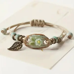 1pc Vintage Style Leaf Pendant Braided Bracelet Elegant Handmade Hand Bracelet Adjustable Boho Beaded Band Inspirational Jewelry