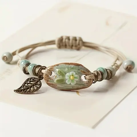 Women's 1pc Vintage Leaf Pendant Beaded Bracelet - Handmade Adjustable Braided Design, Boho Soft Texture, Female Inspirational Costume Jewelry for Daily Wear, Accessories for Women, Statement Bracelets & Bangles, Boho Style Accessories