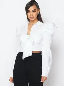 Valentina Bow Puff-Sleeve Top Casual Tie Bubble Shirt Women's Black classy Blouse Neck