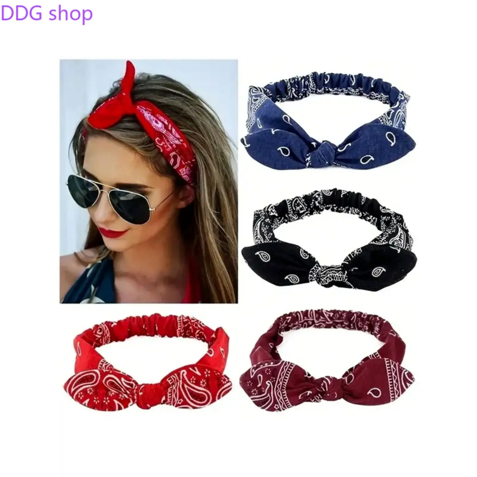 Women's 4pc Elastic Headband Outfit Set - Vintage Bow Knot, Flower, Bunny Earbands, Sports Headwrap for College Students, Festival Hair Accessories