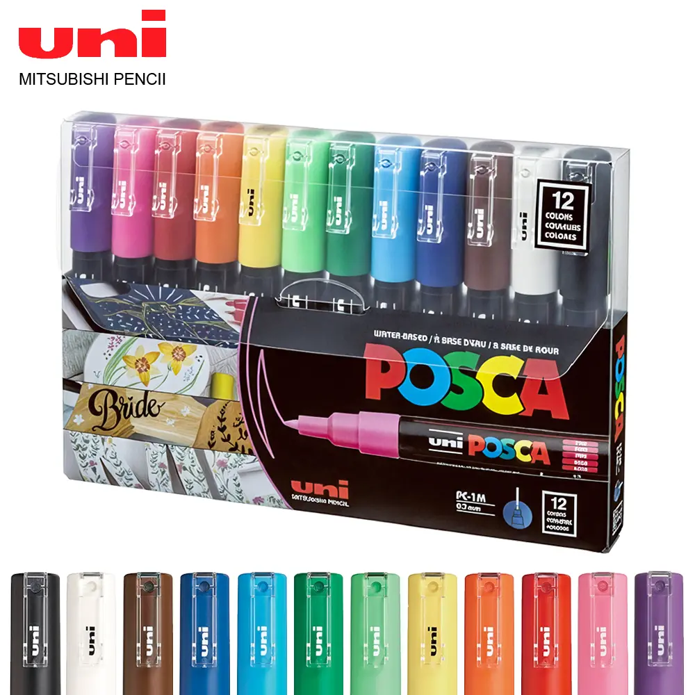 12pcs/set Japan Uni POSCA Markers Water-based Acrylic Marker Pen POP Painting Graffiti Art Supplies PC-1M 0.7mm School Supplies Multi Functional Pigment High Pigment