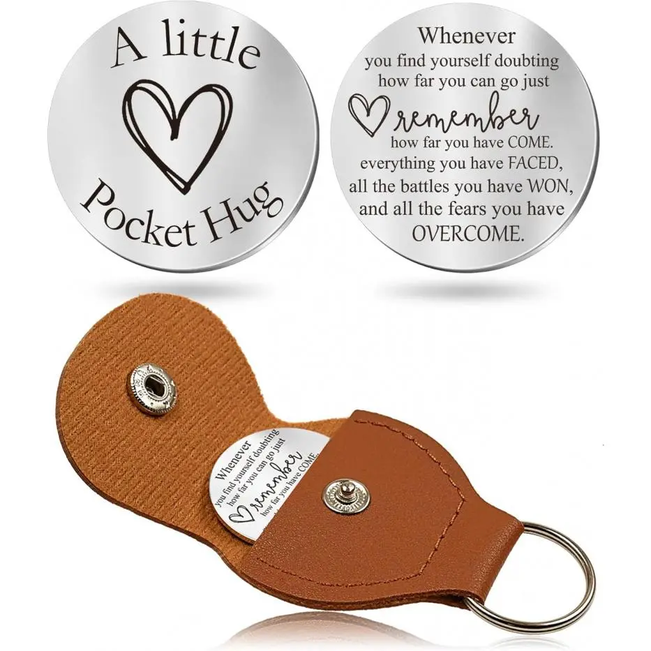Pocket Hug Token Gift with Leather Keychain, Inspirational Key Chain Accessories for Men, Women & Kids (Boyfriend, Girlfriend, Son, Daughter, Brother)